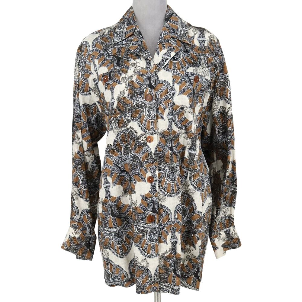 Laurel Escada Top Womens 6 Gray Brown Paisley Cotton Blouse Pockets Vintage